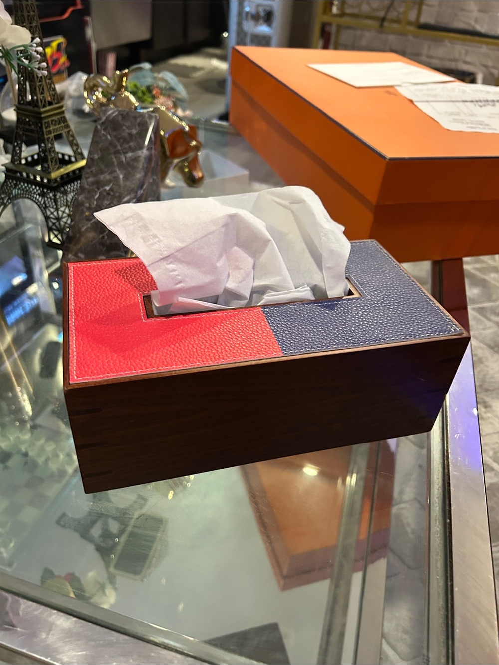 Hermès Two-Tone Tissue Box Cover - Coral Red & Navy.